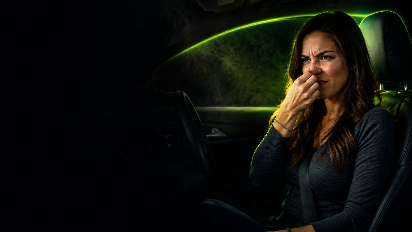 Woman reacting to an unpleasant odor inside a vehicle with green light outlining the window